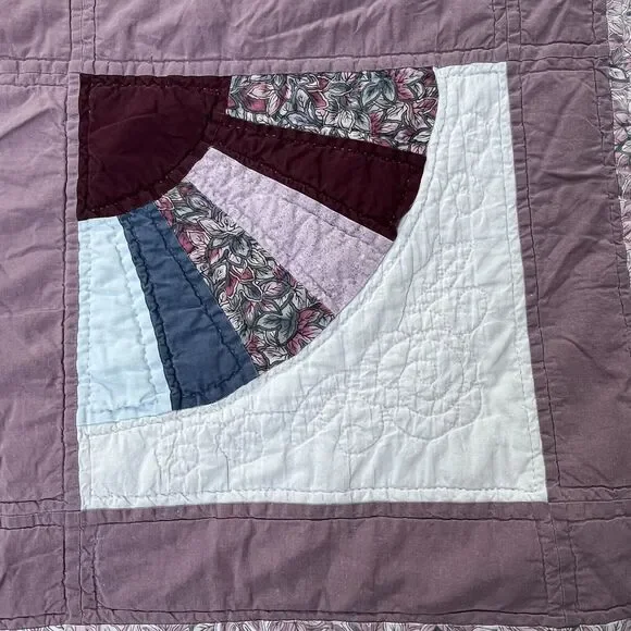 Vintage Handmade Quilt 66x52” Sampler Fan Pattern Purple Blue Coverlet Throw RV - Picture 16 of 16